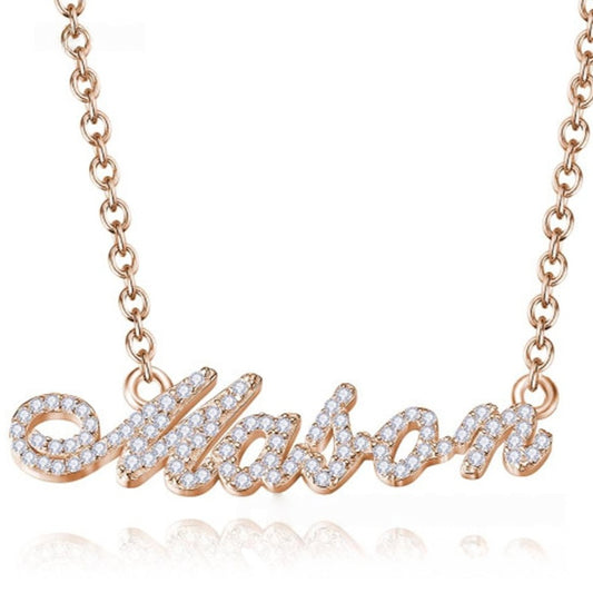 Rose Gold Plated version of the custom crystal name necklace, showcasing the personalized letter design.