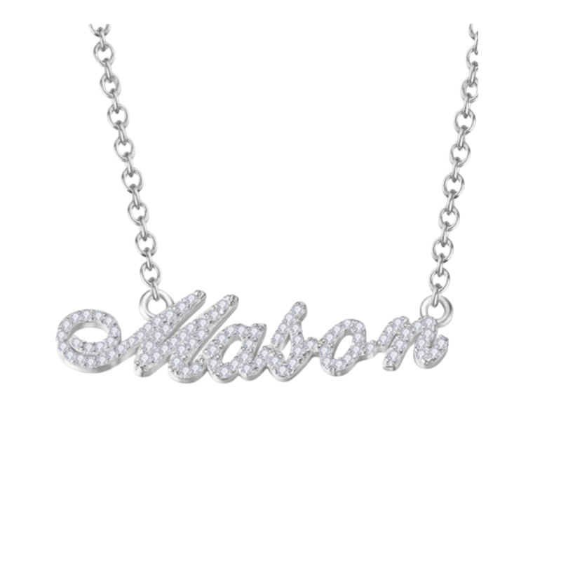Main image of the dainty custom crystal name necklace in Sterling Silver finish.