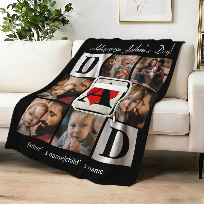 Custom photo collage "DAD" blanket on a white sofa.