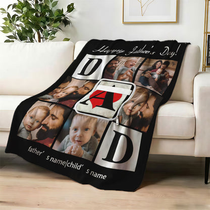 Custom photo collage "DAD" blanket on a white sofa.