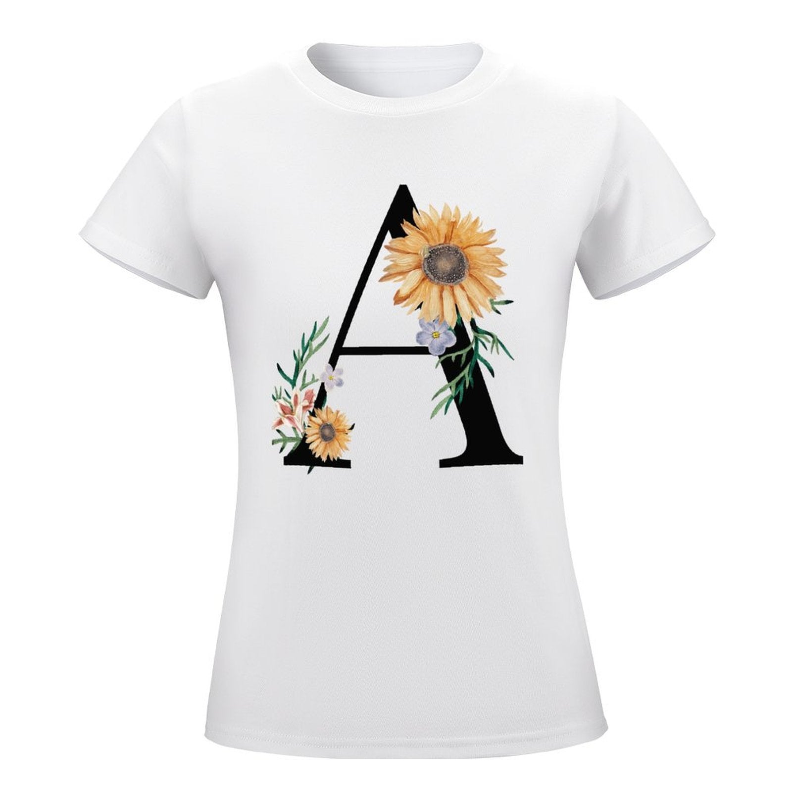 Close-up of Custom Design Cotton Tee with sunflower initial print.