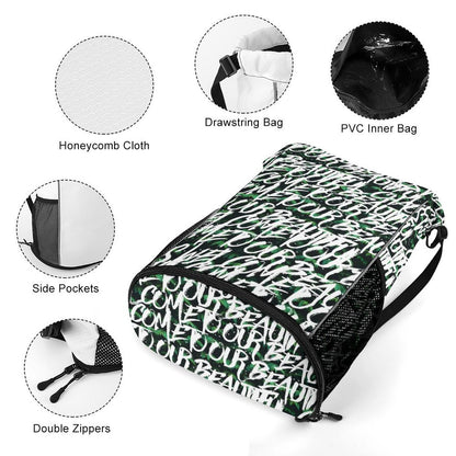 Custom Design Drawstring Bag features: PVC inner bag, side pockets, honeycomb cloth.