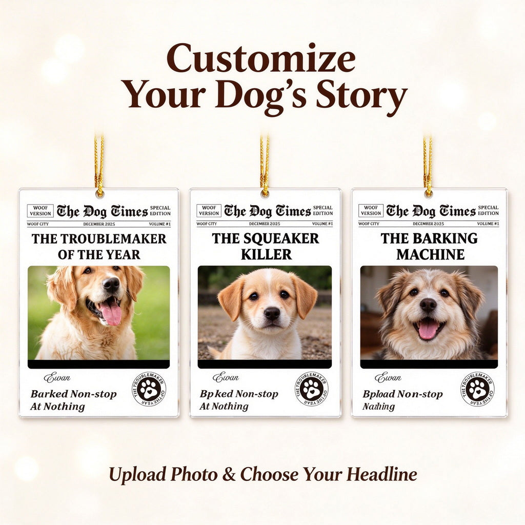 Personalized Dog Photo Christmas Ornament, Custom Pet Newspaper Keepsake - main product view