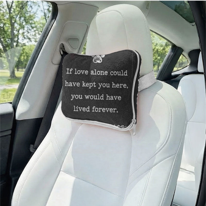 Personalized dog memorial travel pillow in car seat