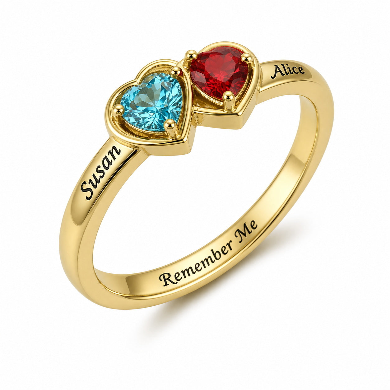 Custom double heart birthstone engraved name ring main view