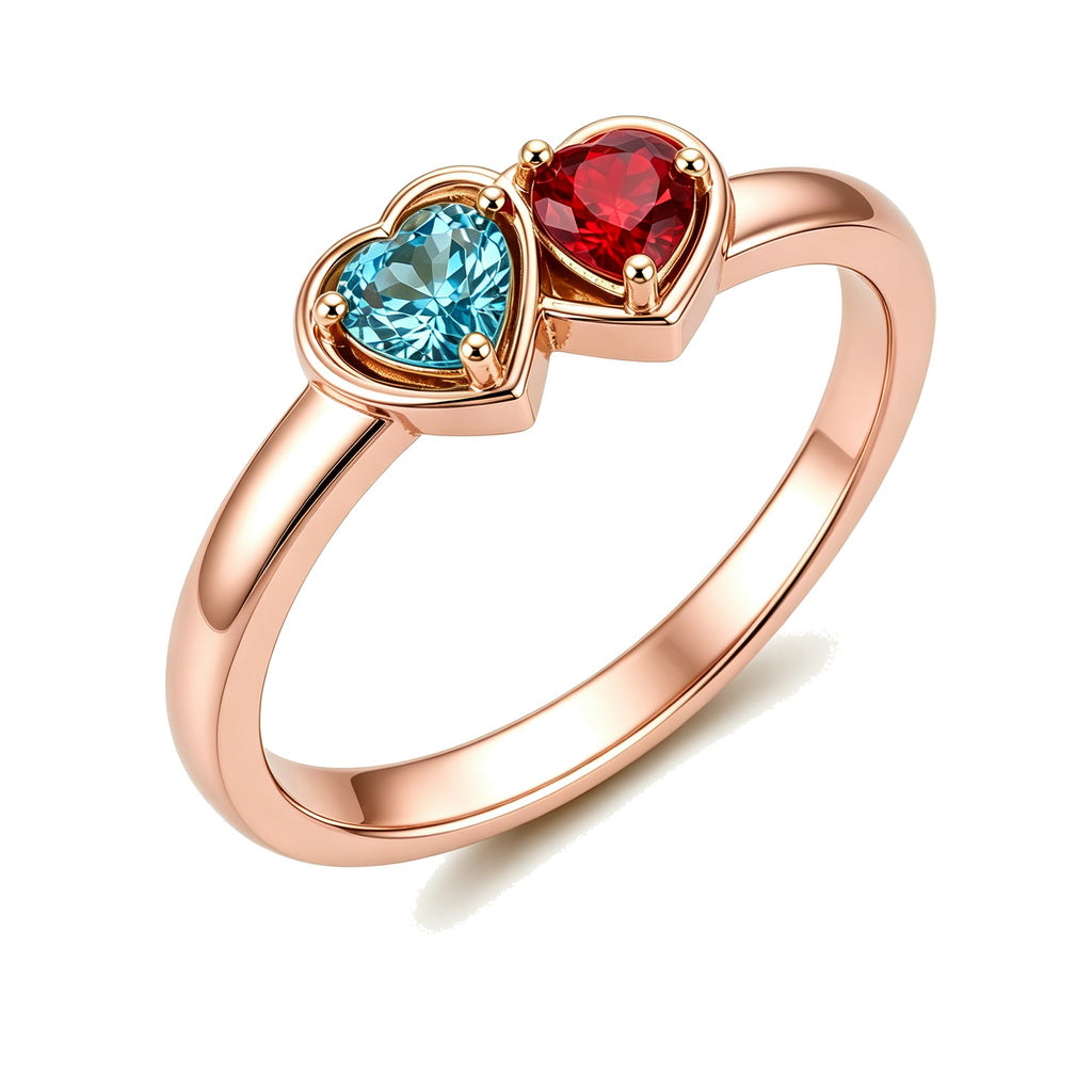 Custom double heart birthstone engraved name ring side view