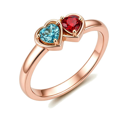 Custom double heart birthstone engraved name ring side view