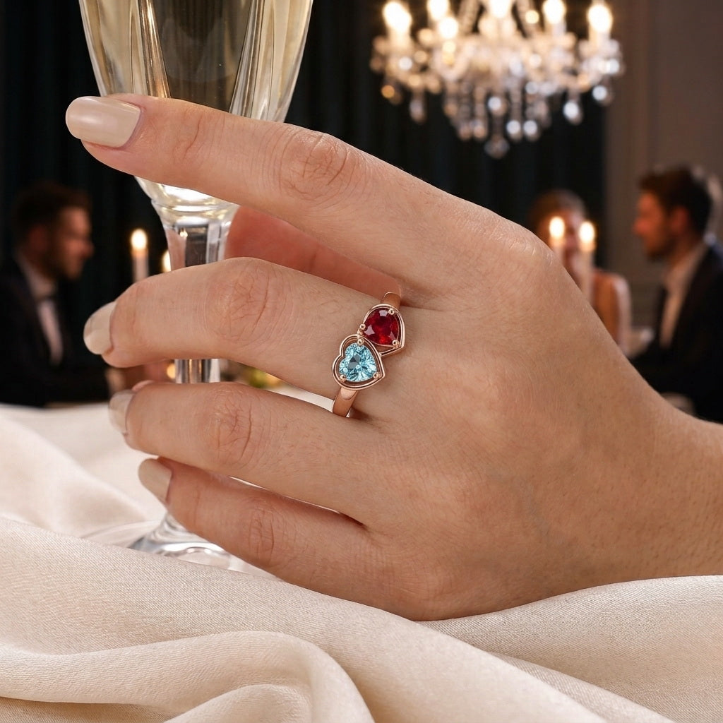 Custom double heart birthstone name ring worn on hand