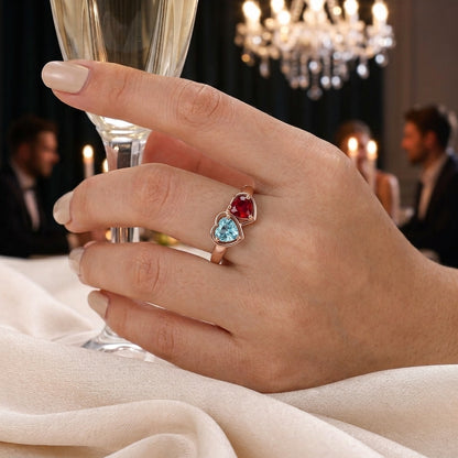 Custom double heart birthstone name ring worn on hand