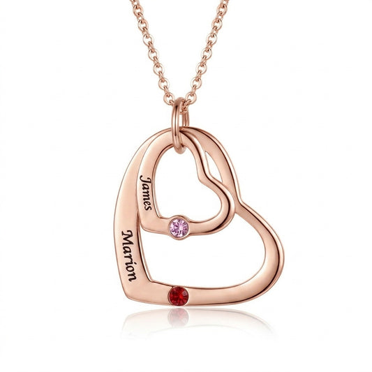Custom Engraved Two Interlocking Heart Birthstone Rose Gold Name Necklace Gift