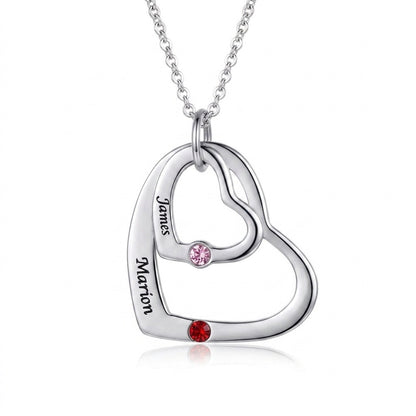 Personalized Double Heart Engraved Name Silver Birthstone Pendant Necklace for Women