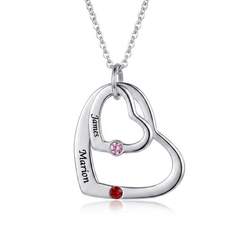 Personalized Double Heart Engraved Name Silver Birthstone Pendant Necklace for Women