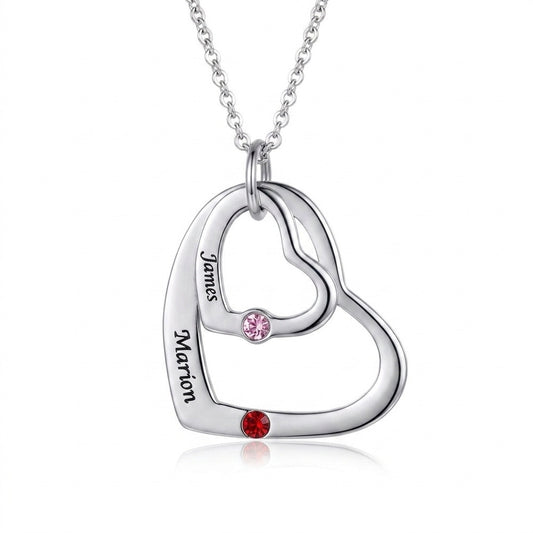 Personalized Double Heart Engraved Name Silver Birthstone Pendant Necklace for Women