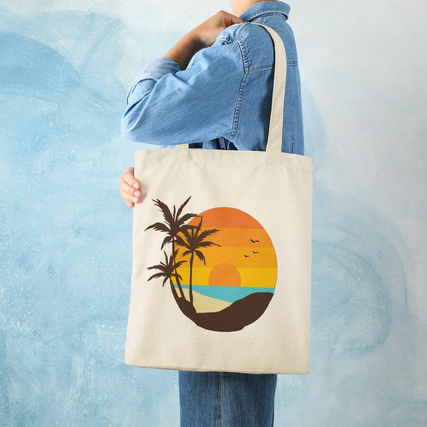 Custom Double Sides Printed Canvas Tote Bag for Shopping, worn by model.