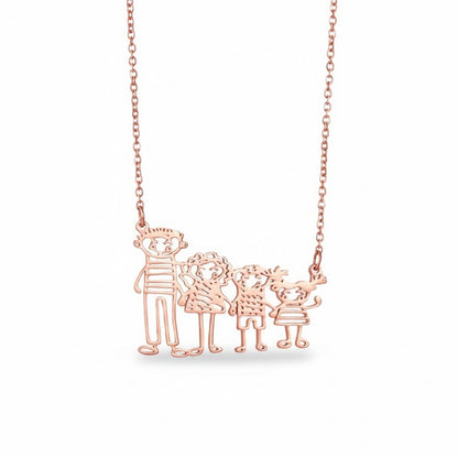Necklace converted from a child's doodle, showing a father/mother and four children figures in gold.