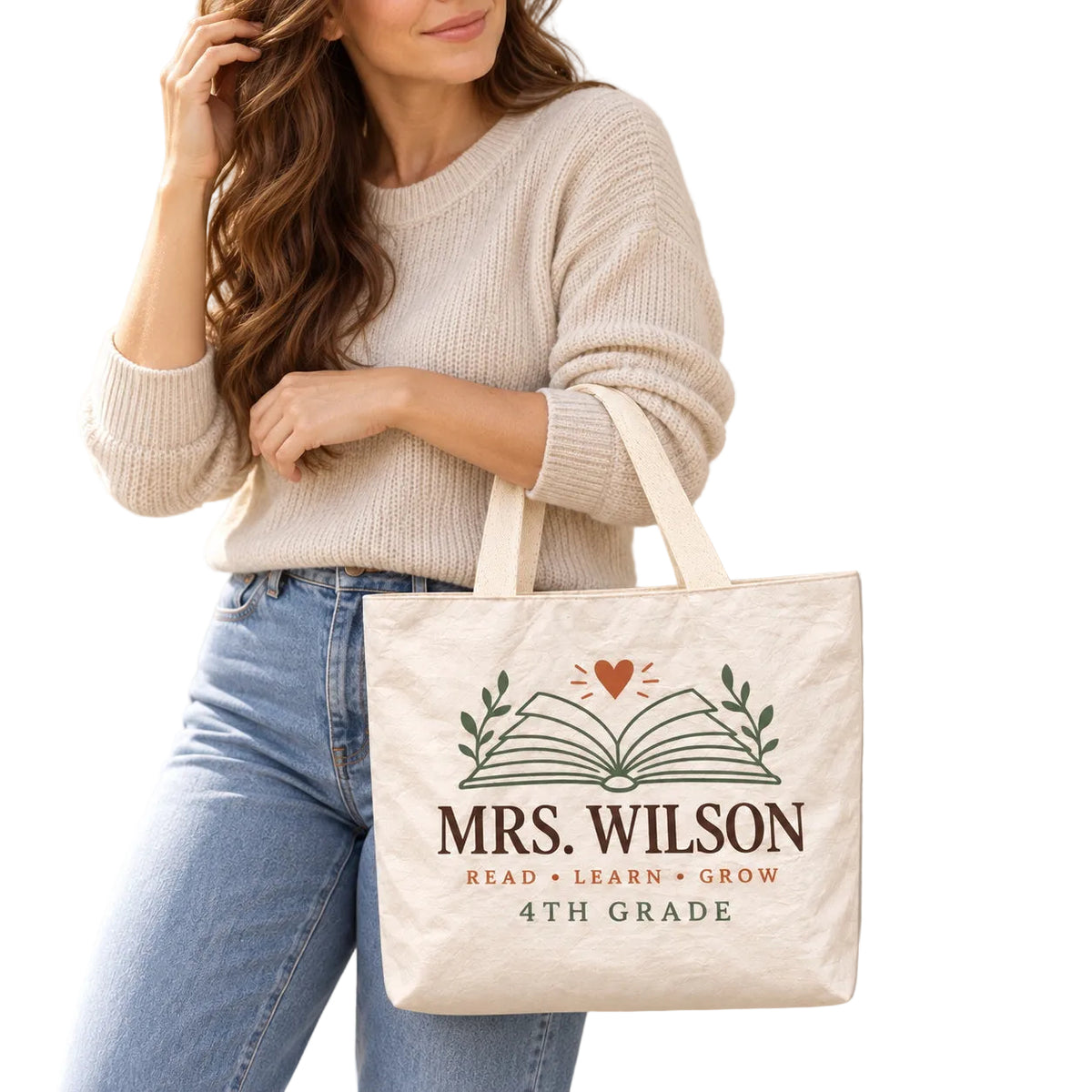 Custom Educator Tote Bag - Personalized Name & Grade Open Book Bag, Lightweight Durable Reusable Paper-Like Bag - custom design detail