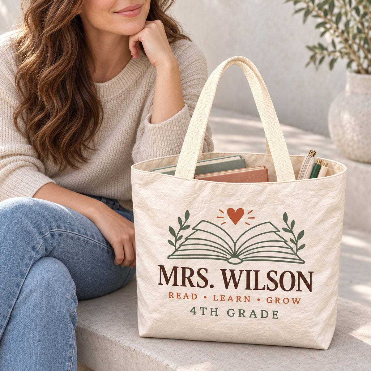 Custom Educator Tote Bag - Personalized Name & Grade Open Book Bag, Lightweight Durable Reusable Paper-Like Bag - open interior canvas lining view