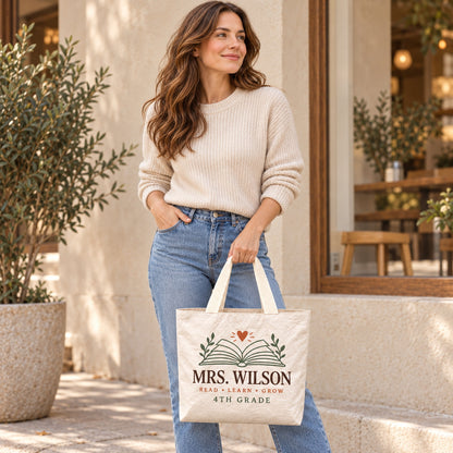 Custom Educator Tote Bag - Personalized Name & Grade Open Book Bag, Lightweight Durable Reusable Paper-Like Bag - personalized lifestyle scene