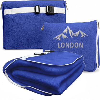 Blue travel blanket set with London mountain embroidery.