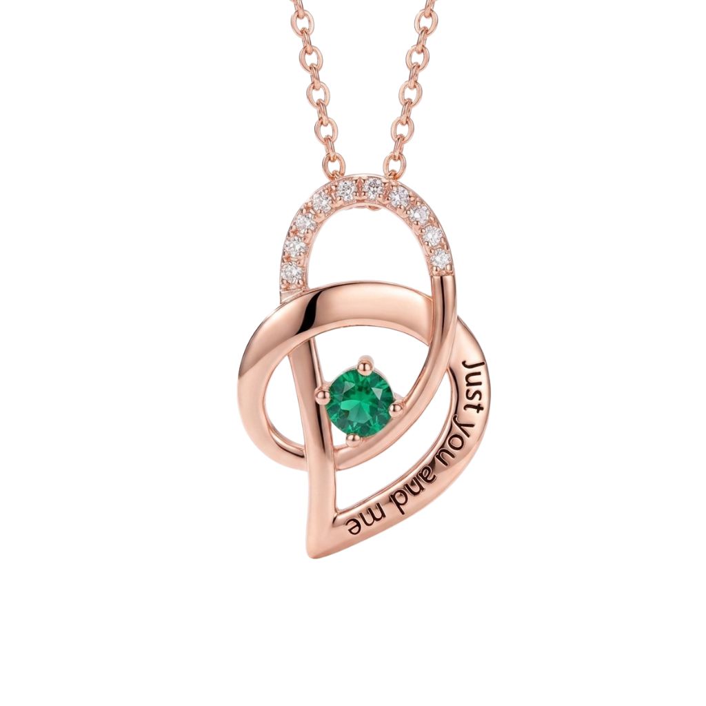 Rose Gold Personalized Birthstone Heart Pendant Necklace With Custom Engraving