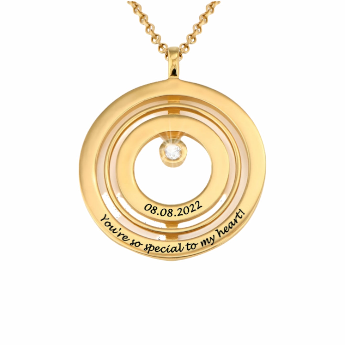 Custom Engraved Gold Necklace with birthstone. Spinning round pendant, perfect personalized gift.