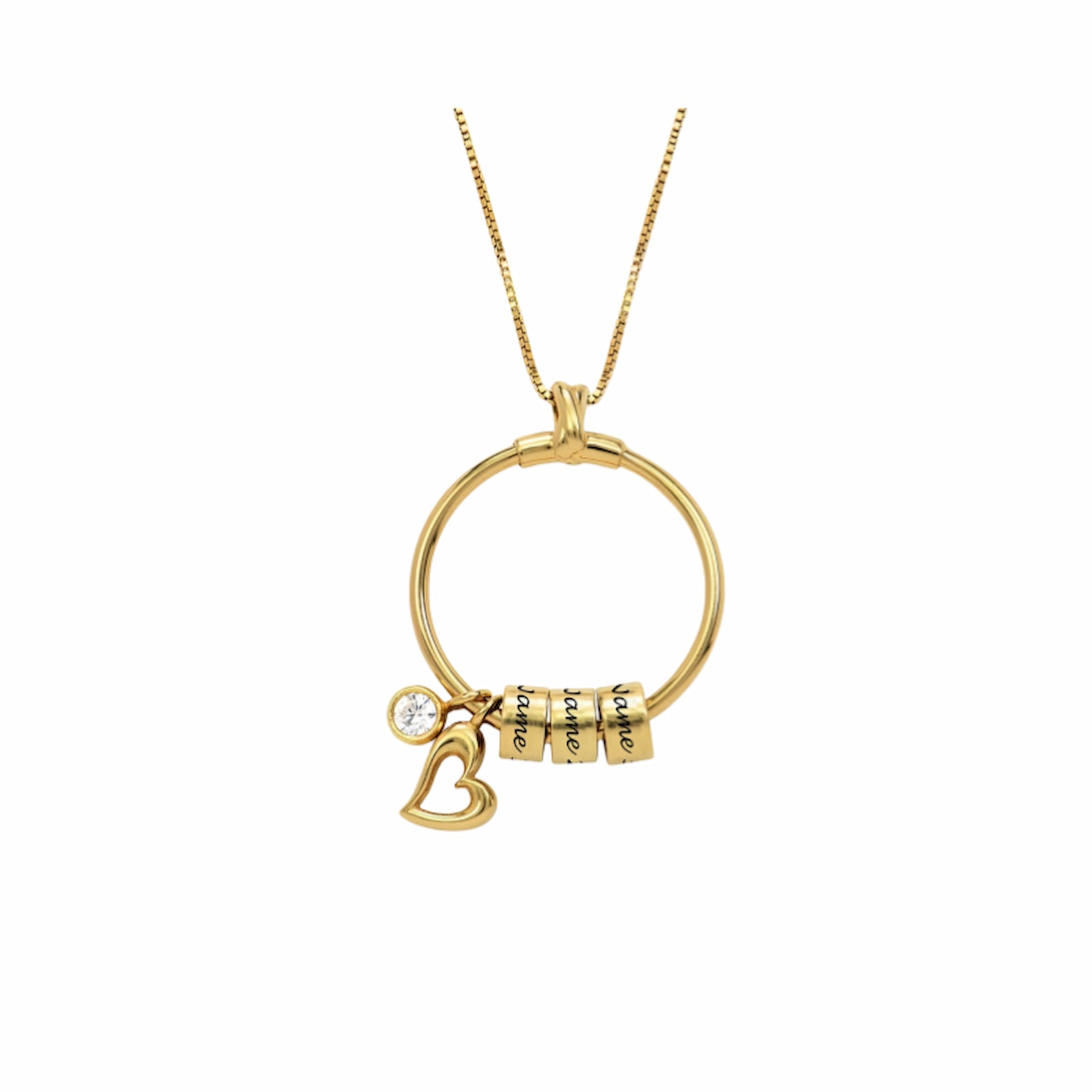 Product shot of the gold personalized circle necklace featuring three engraved name beads, a heart charm, and a CZ stone pendant, customizable with up to 3 names.