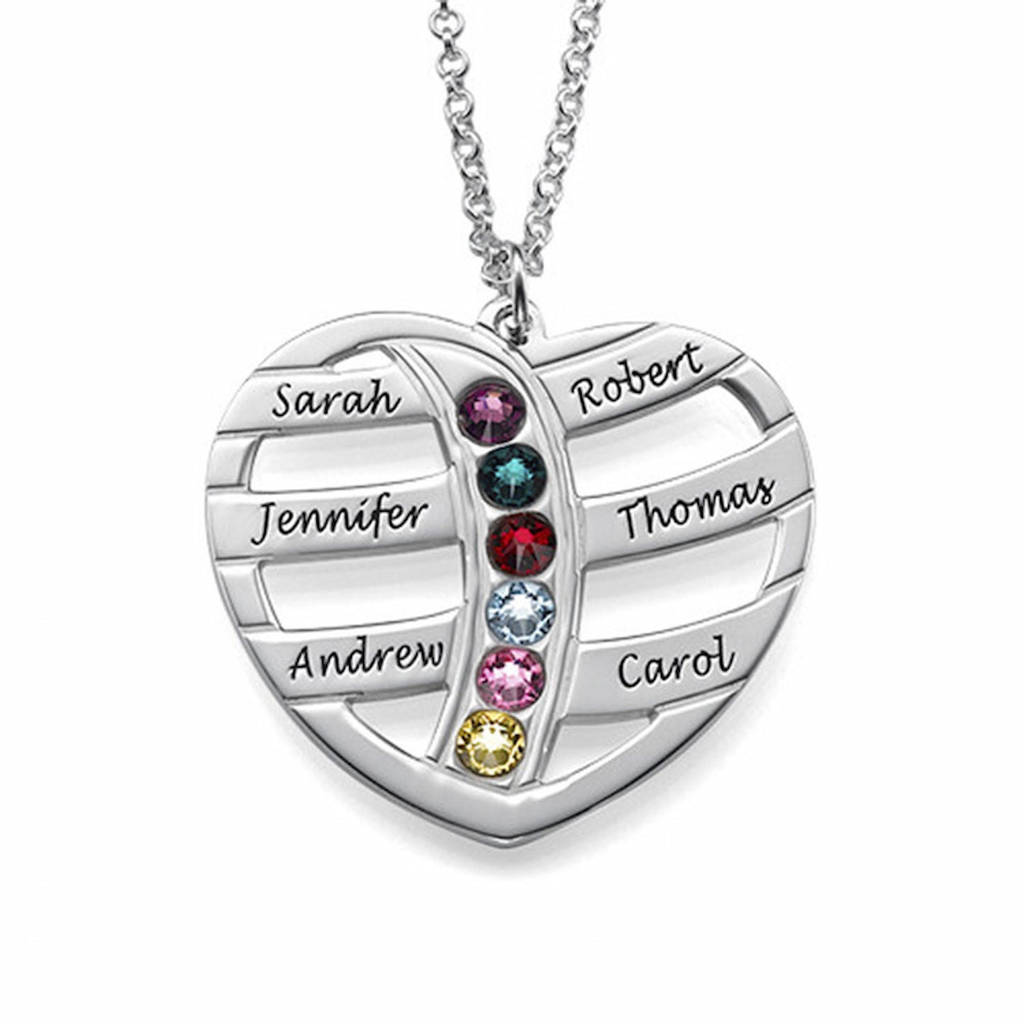 Custom family birthstone heart necklace with 6 names.