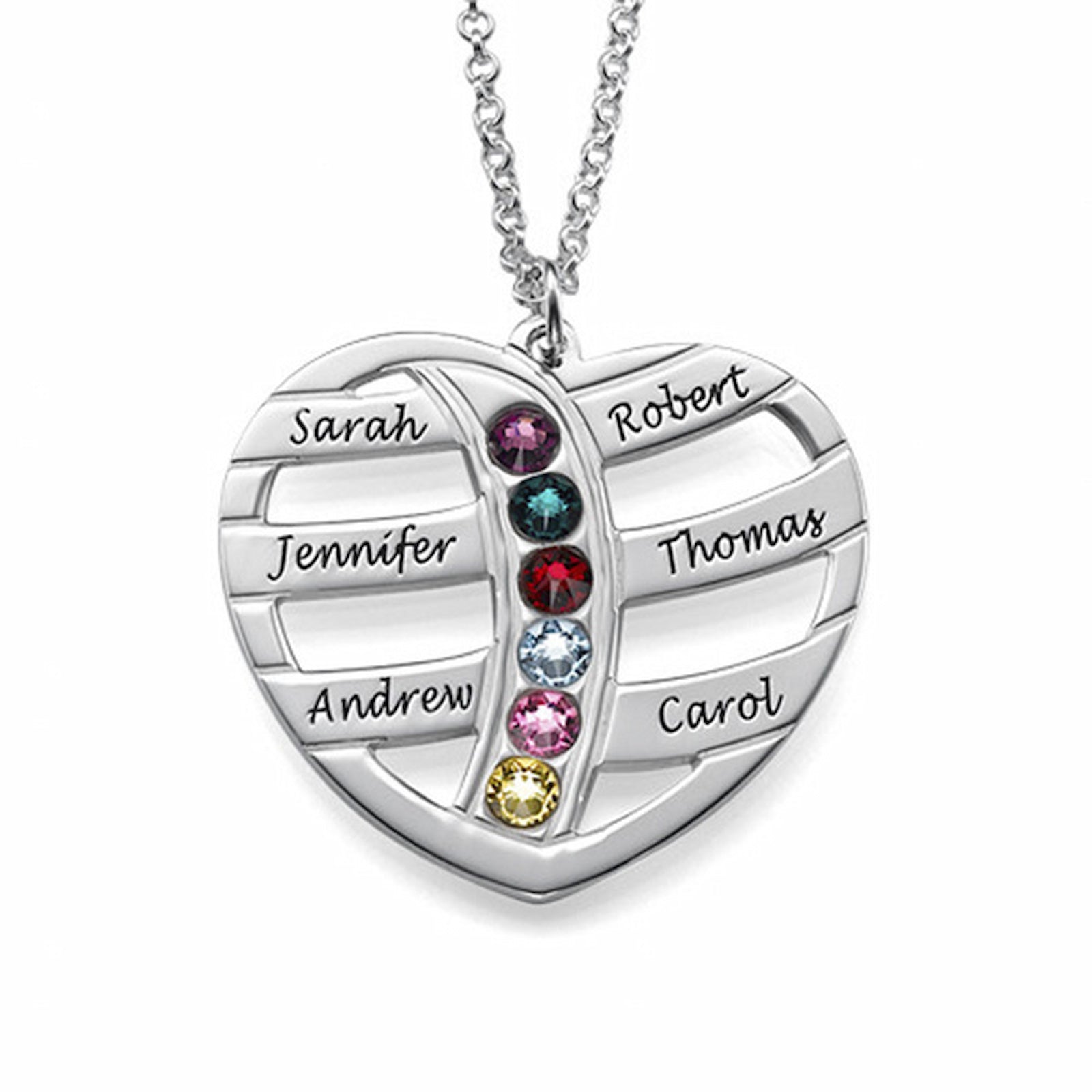 Custom family birthstone heart necklace with 6 names.