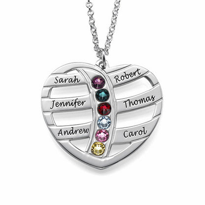 Custom family birthstone heart necklace with 6 names.