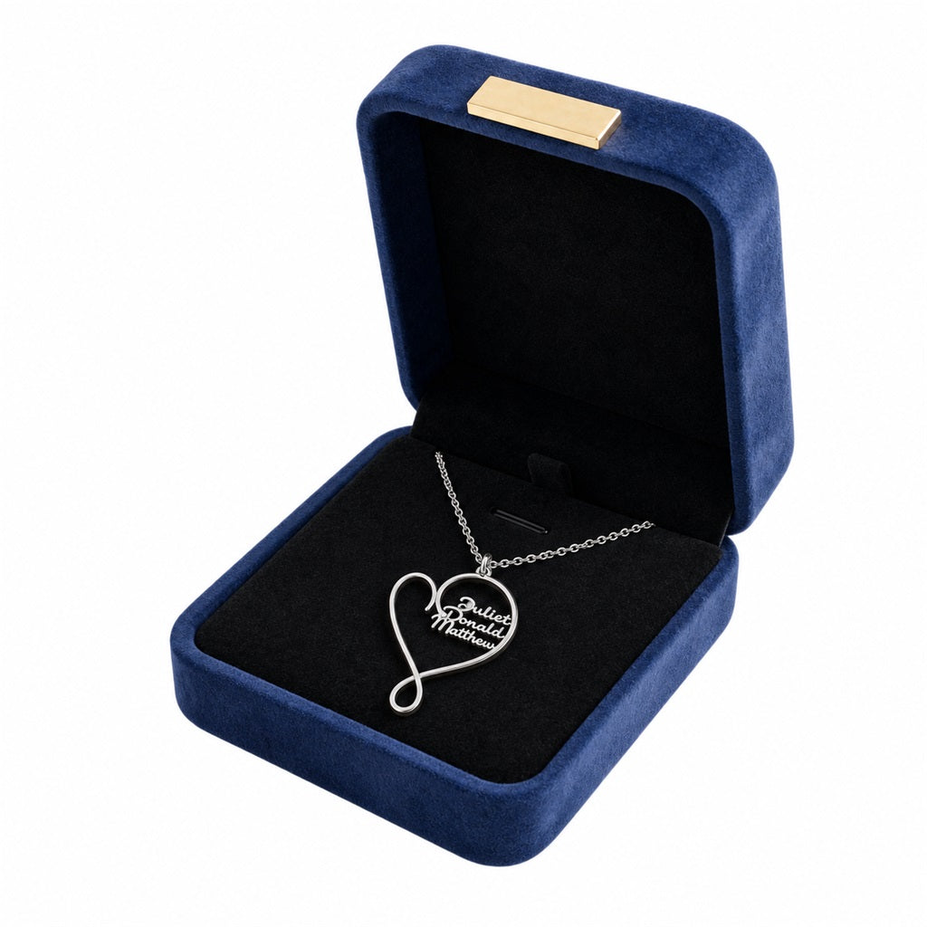 Custom family heart necklace displayed in a gift box