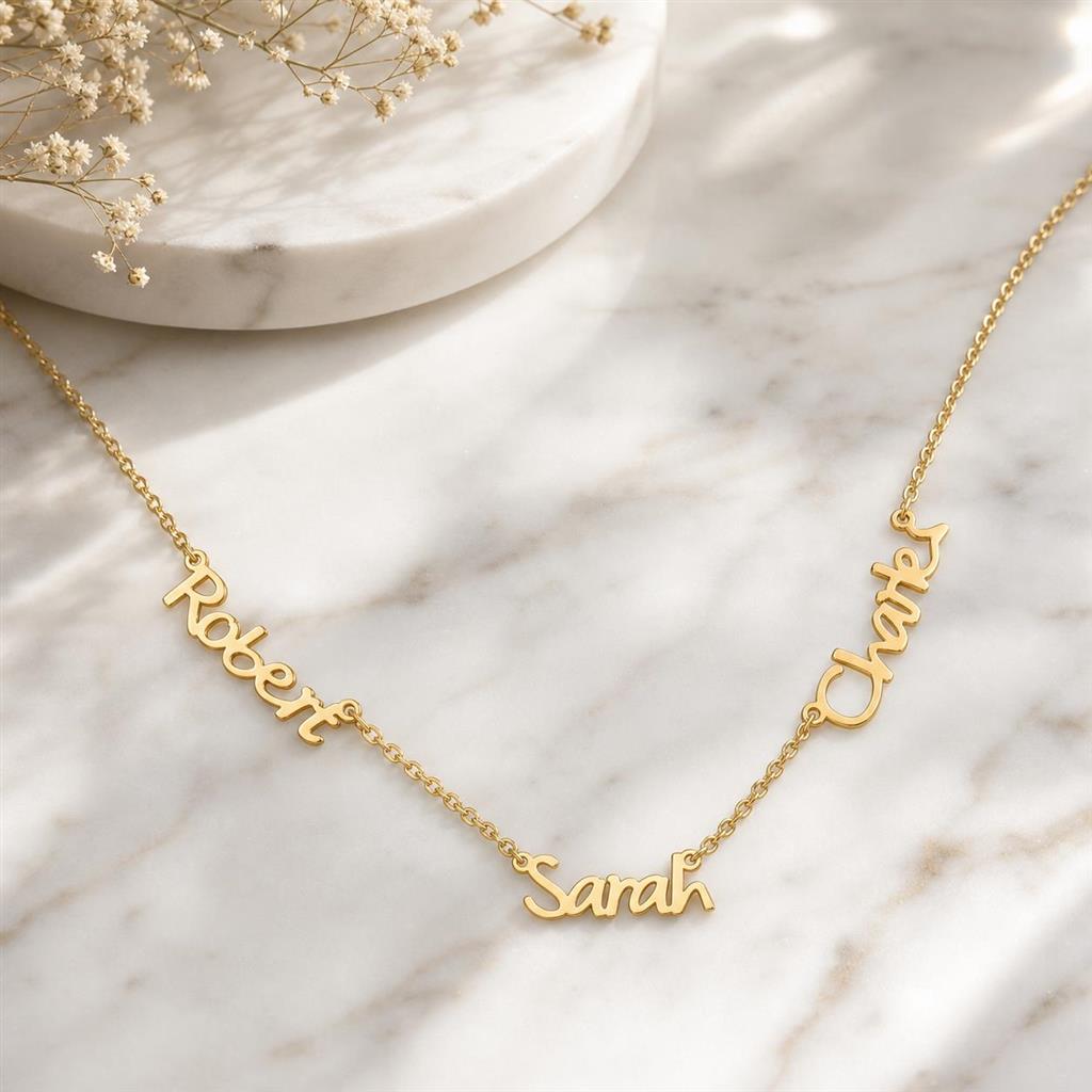 Custom family name necklace on marble