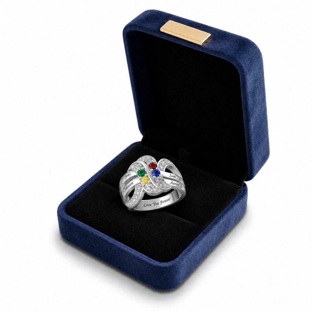 Custom family birthstone statement ring boxed jewelry view