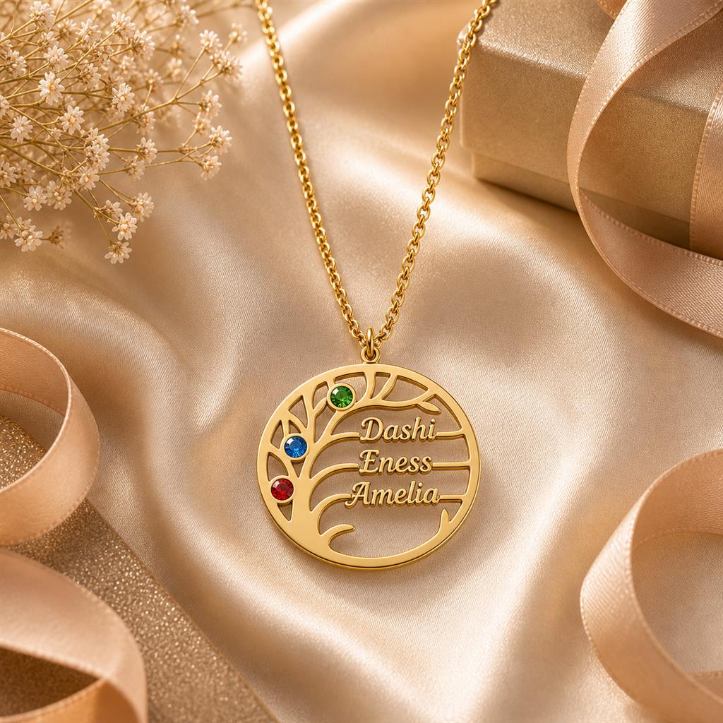 Family tree birthstone necklace gift scene