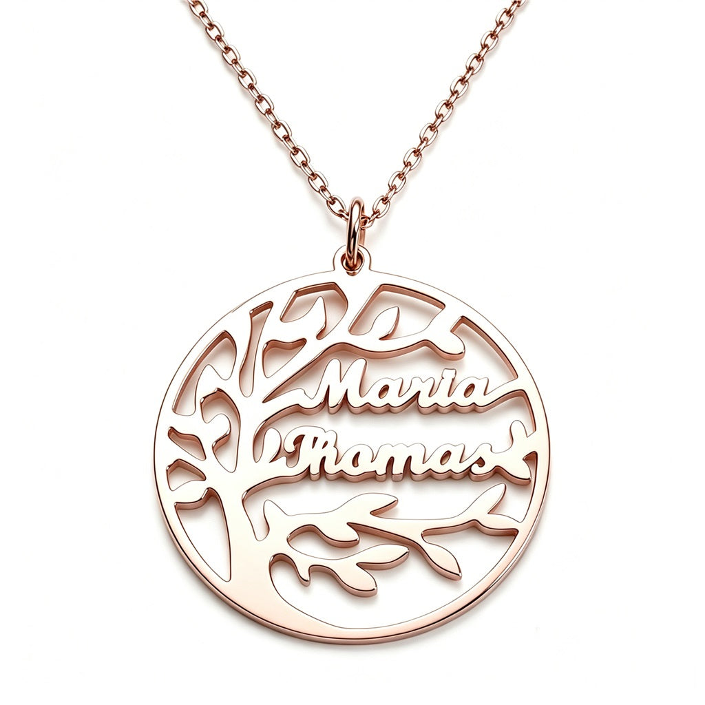 Custom family tree name necklace front view