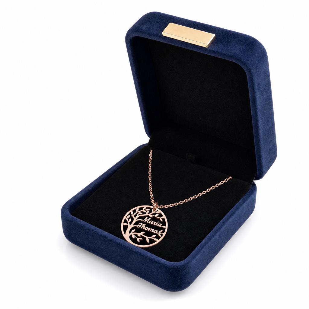 Family tree name necklace in a gift box