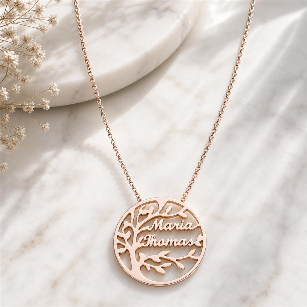 Family tree name necklace on marble