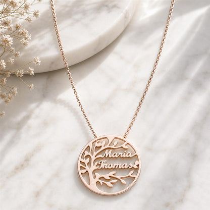 Family tree name necklace on marble