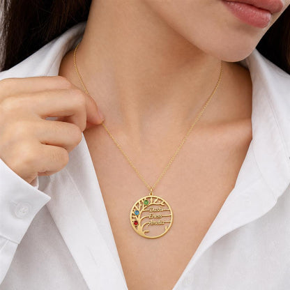 Woman wearing a family tree name necklace
