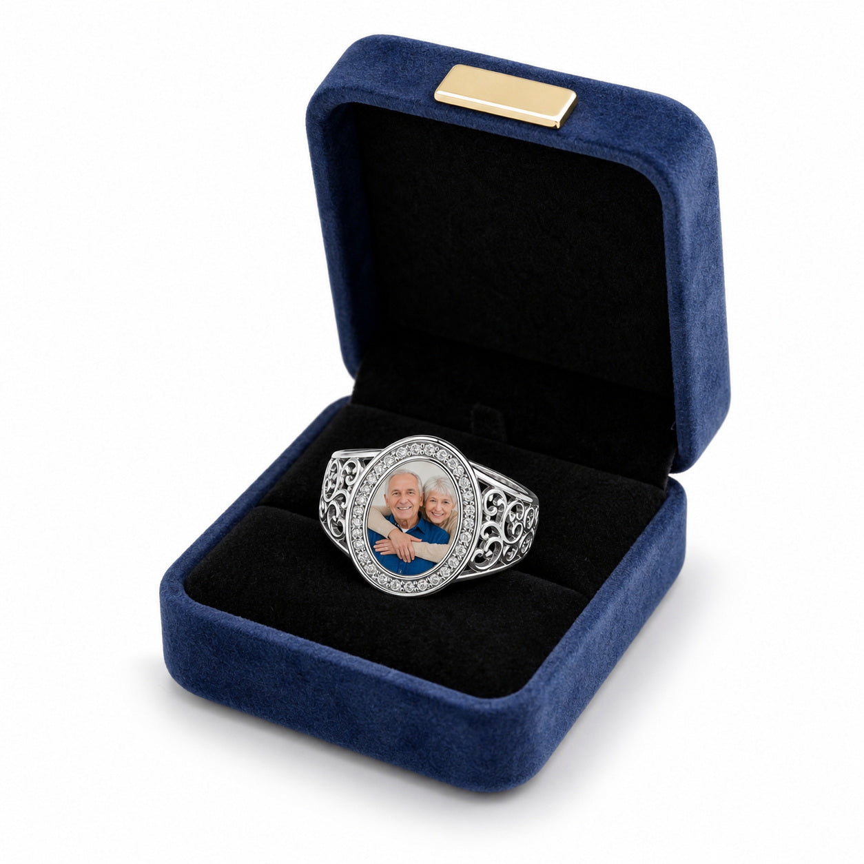 Custom filigree photo statement ring gift box view