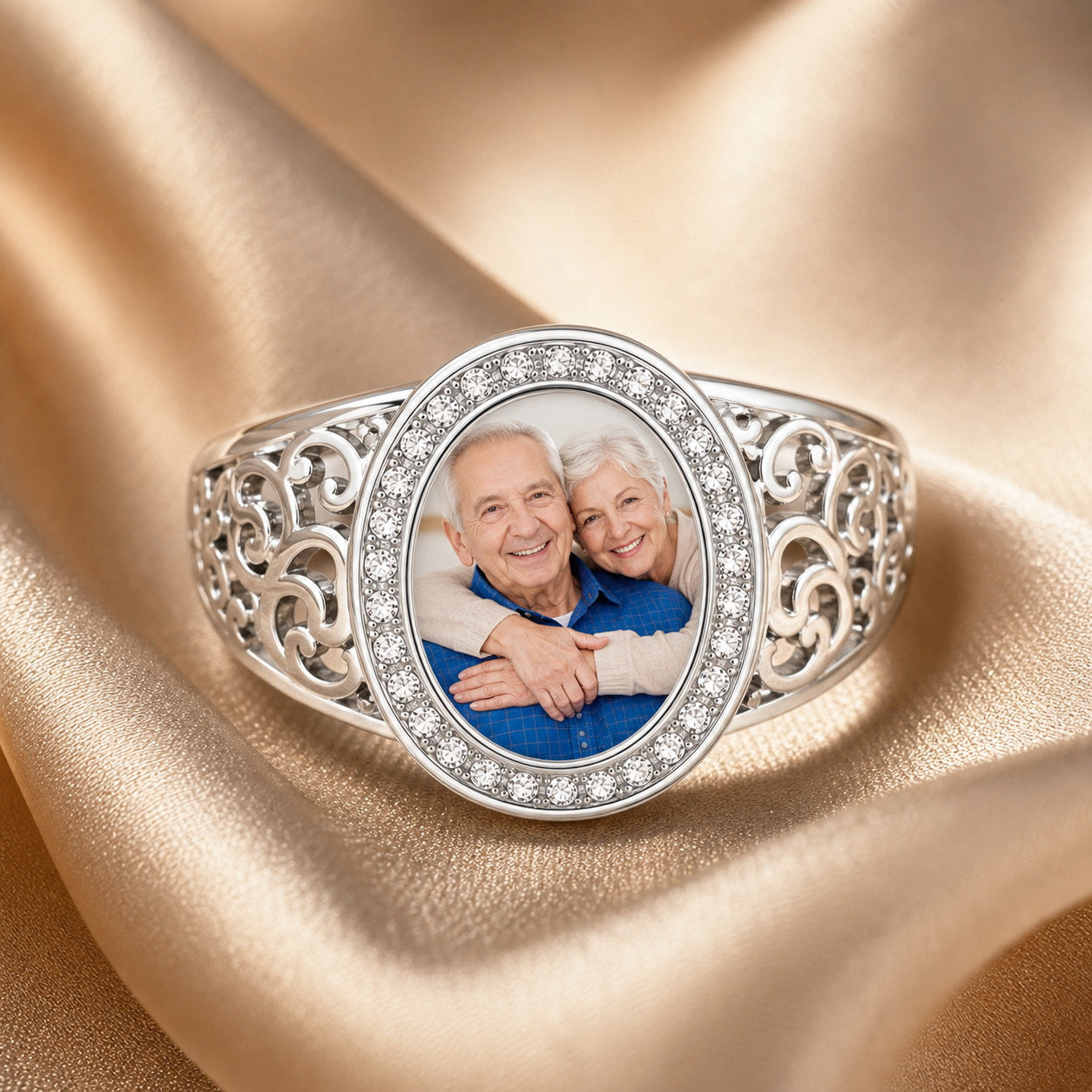 Custom filigree photo statement ring lifestyle view