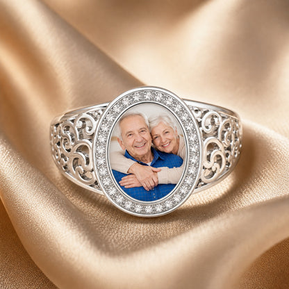 Custom filigree photo statement ring lifestyle view