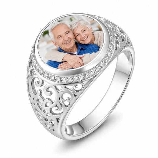 Custom filigree photo personalized statement ring main view