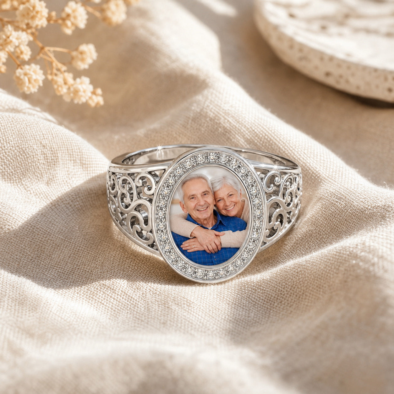 Custom filigree photo statement ring styled view ring