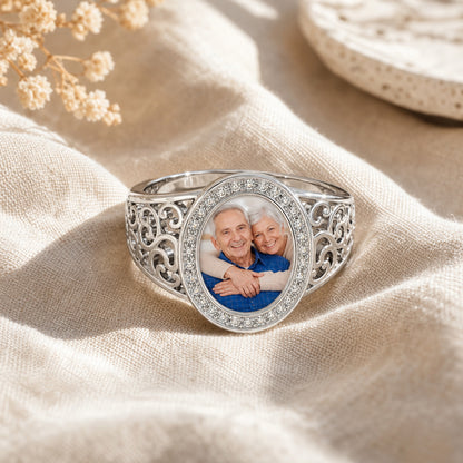 Custom filigree photo statement ring styled view ring