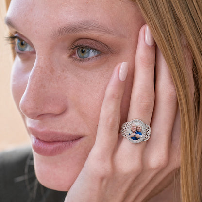 Custom filigree photo statement ring worn on hand ring