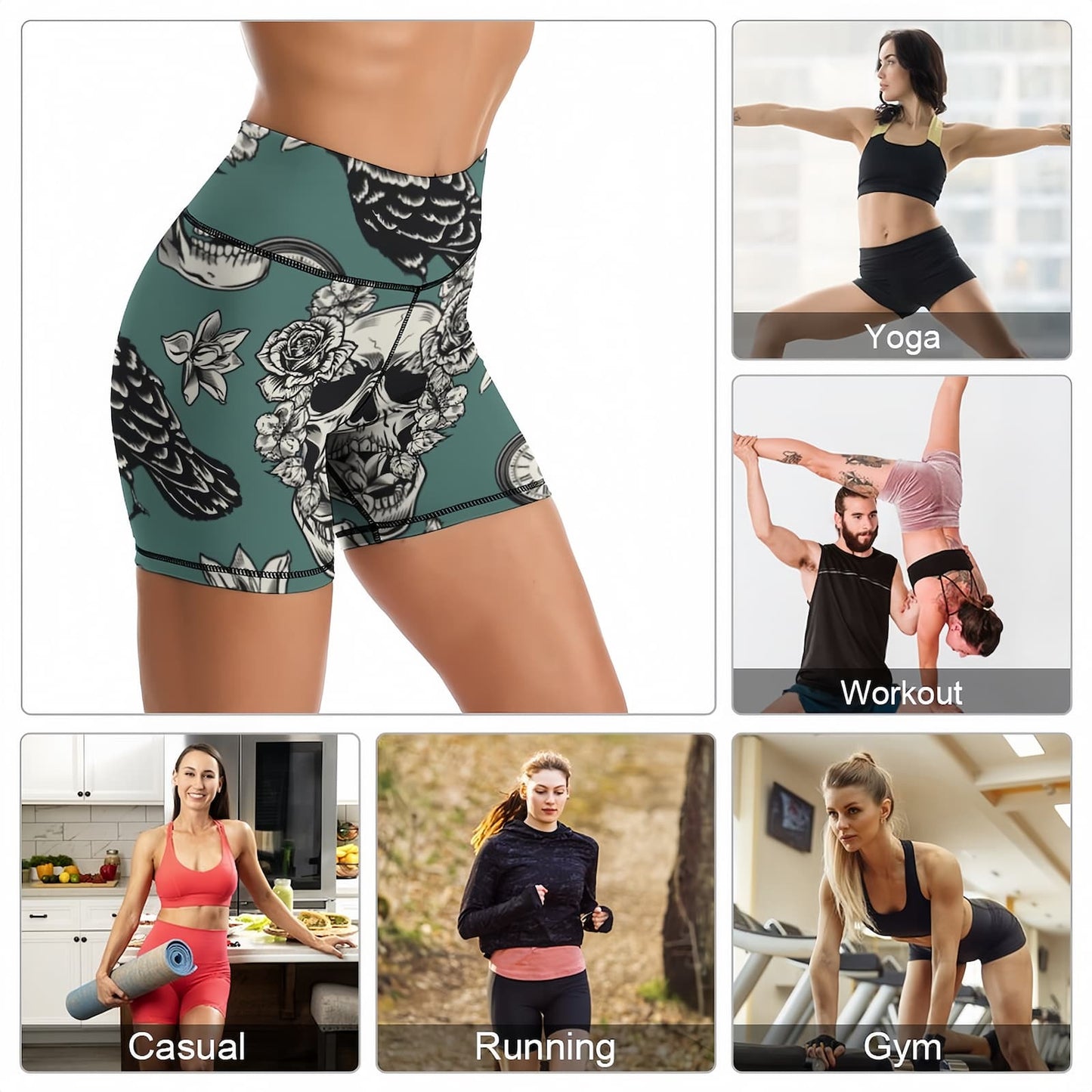 Custom fitness shorts usage scenes including yoga running gym and casual wear.