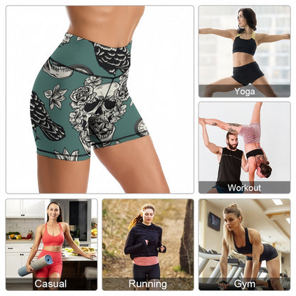 Custom fitness shorts usage scenes including yoga running gym and casual wear.