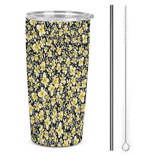 20oz Stainless Steel Vacuum Insulated Tumbler, yellow floral print, with straw and cleaner.