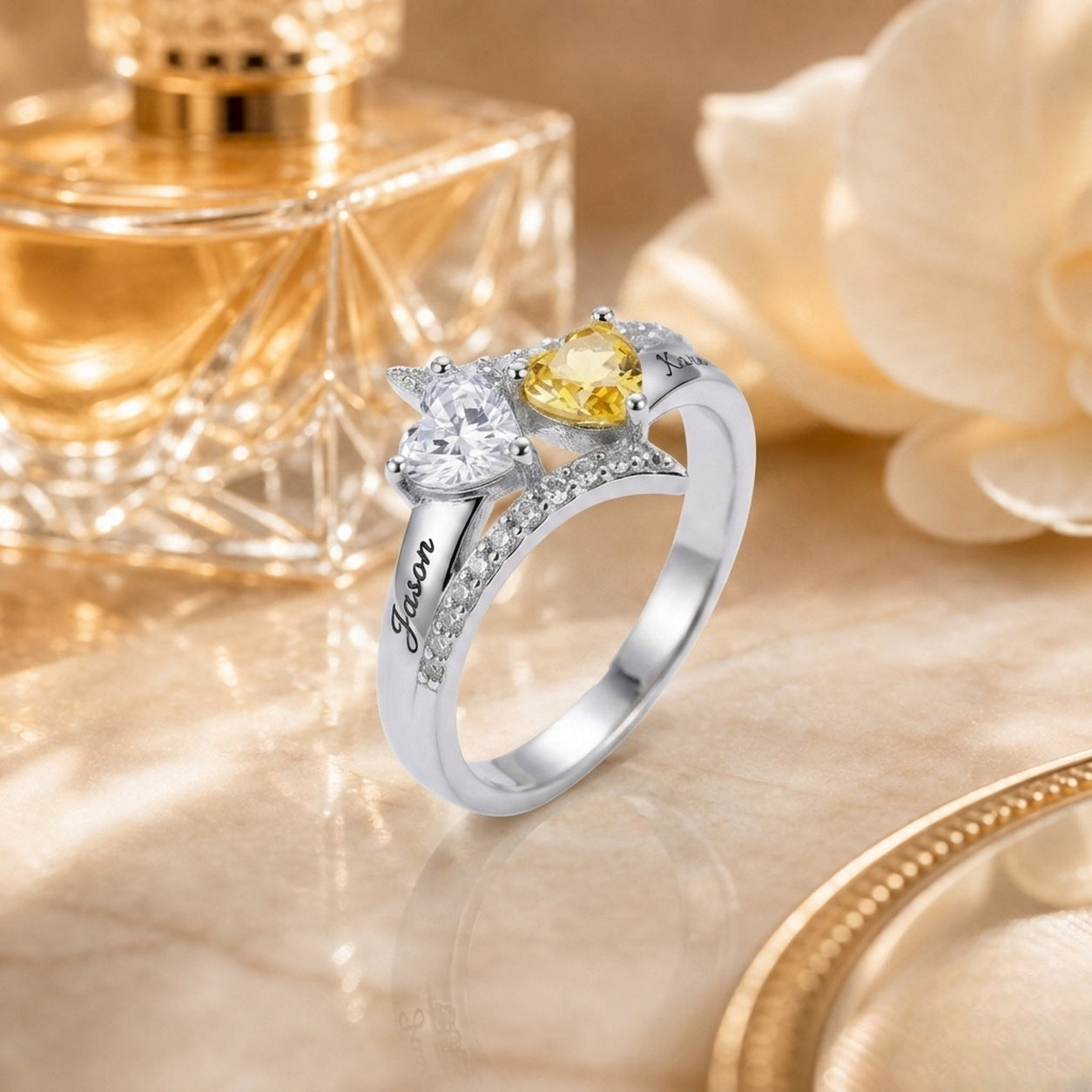 Custom Floral Birthstone Ring lifestyle view custom jewelry
