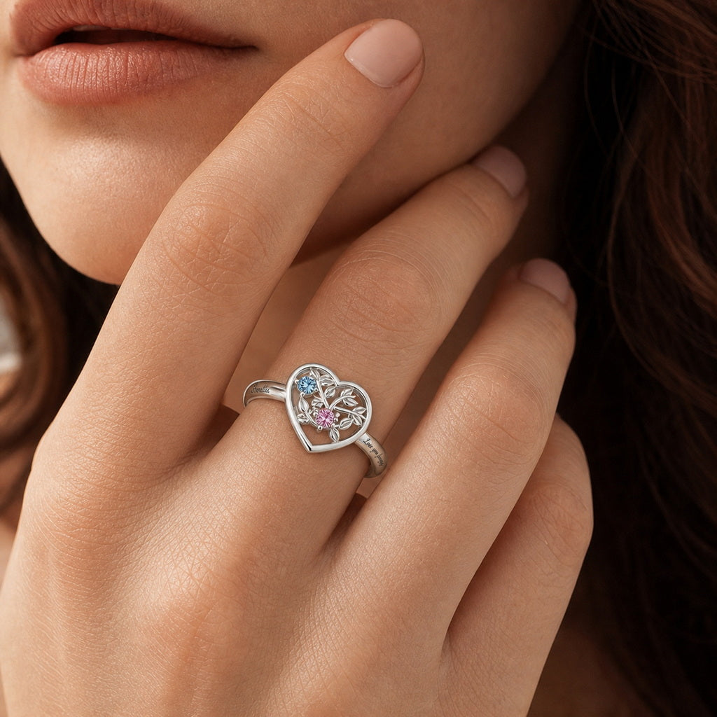 Custom floral heart keepsake ring on hand jewelry view